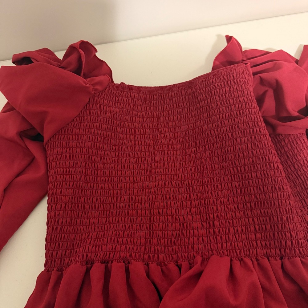 Unbranded Red Smocked Bodice Long Sleeve Tiered Mini Dress XL